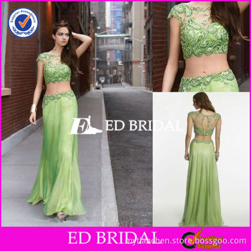 XL373 Illusion Rhinestone Glistening Beading Chiffon Long Length Party Dresses Two Piece Prom Dress